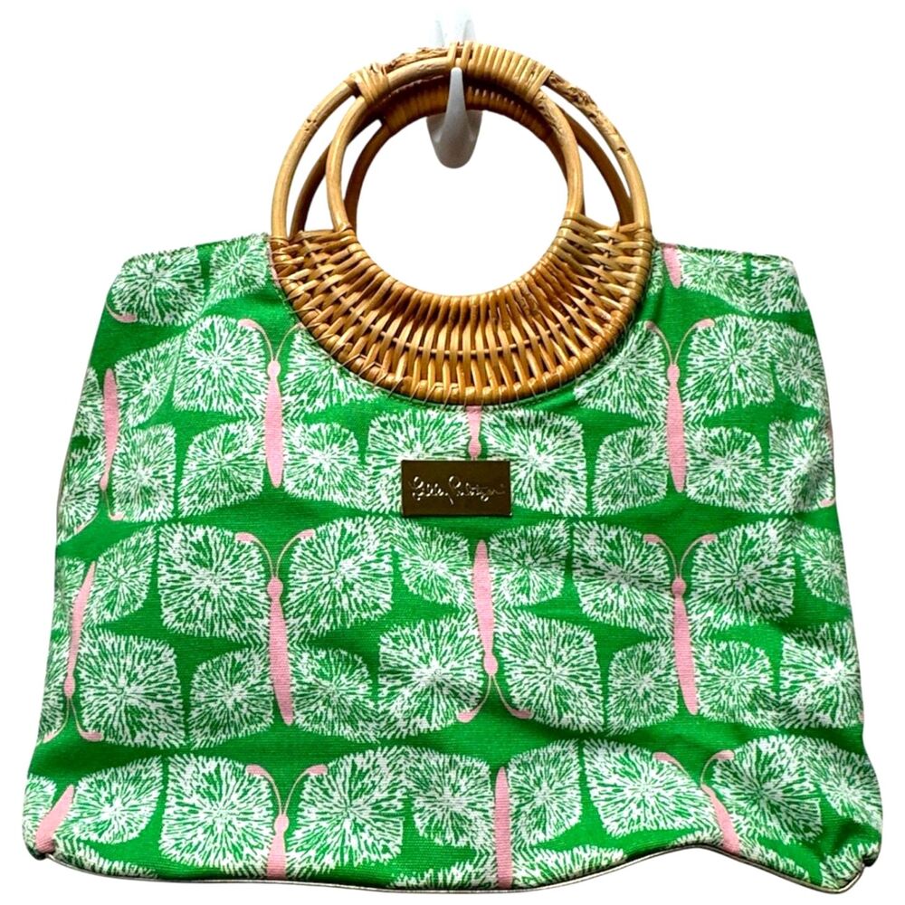 Lilly Pulitzer Green Pink Butterfly Bamboo Handles Tote Bag Purse *FLAW*